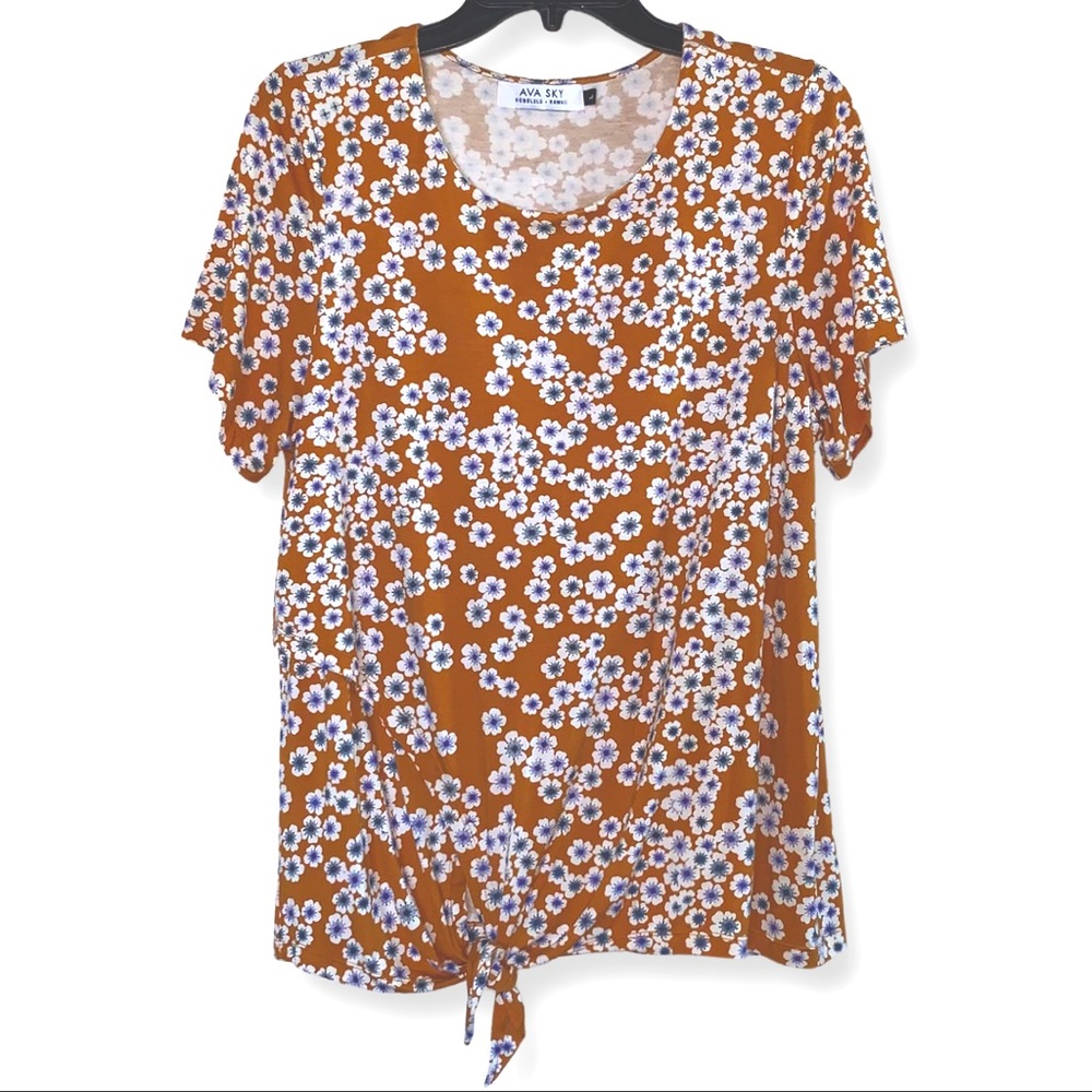 Ava Sky Honey Sakura Floral Top Tie Front Hawaii Exclusive Boutique Size L NWOT